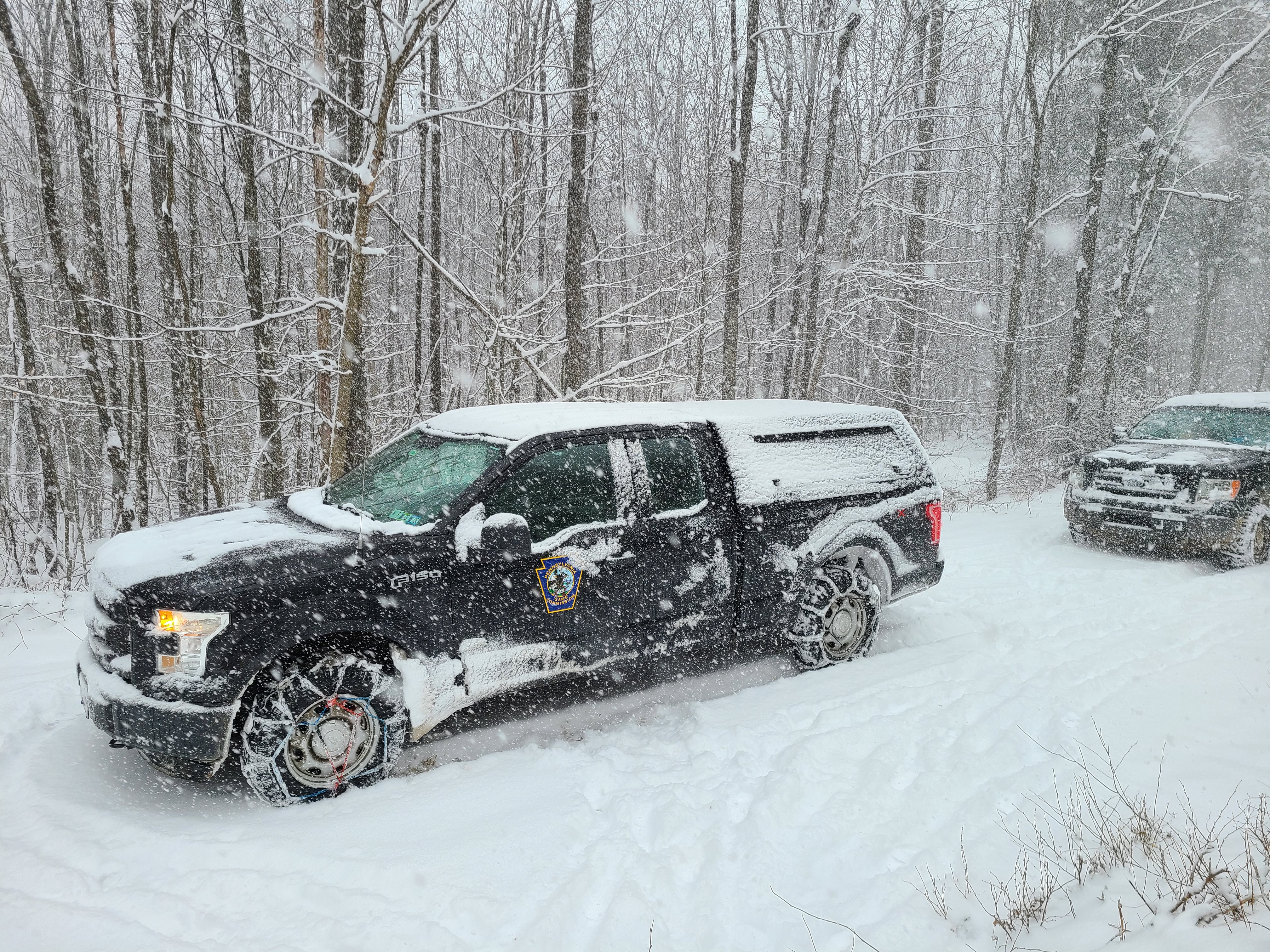 PGC truck on snow covered forest road