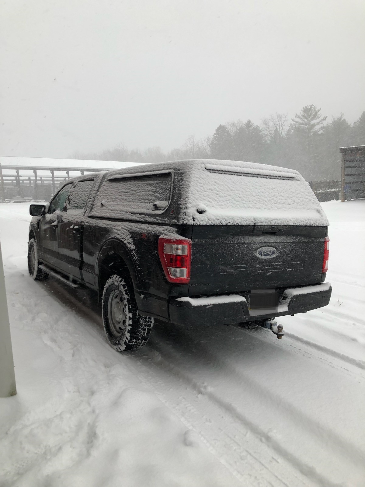 photo of parked truck from the back with snow on it