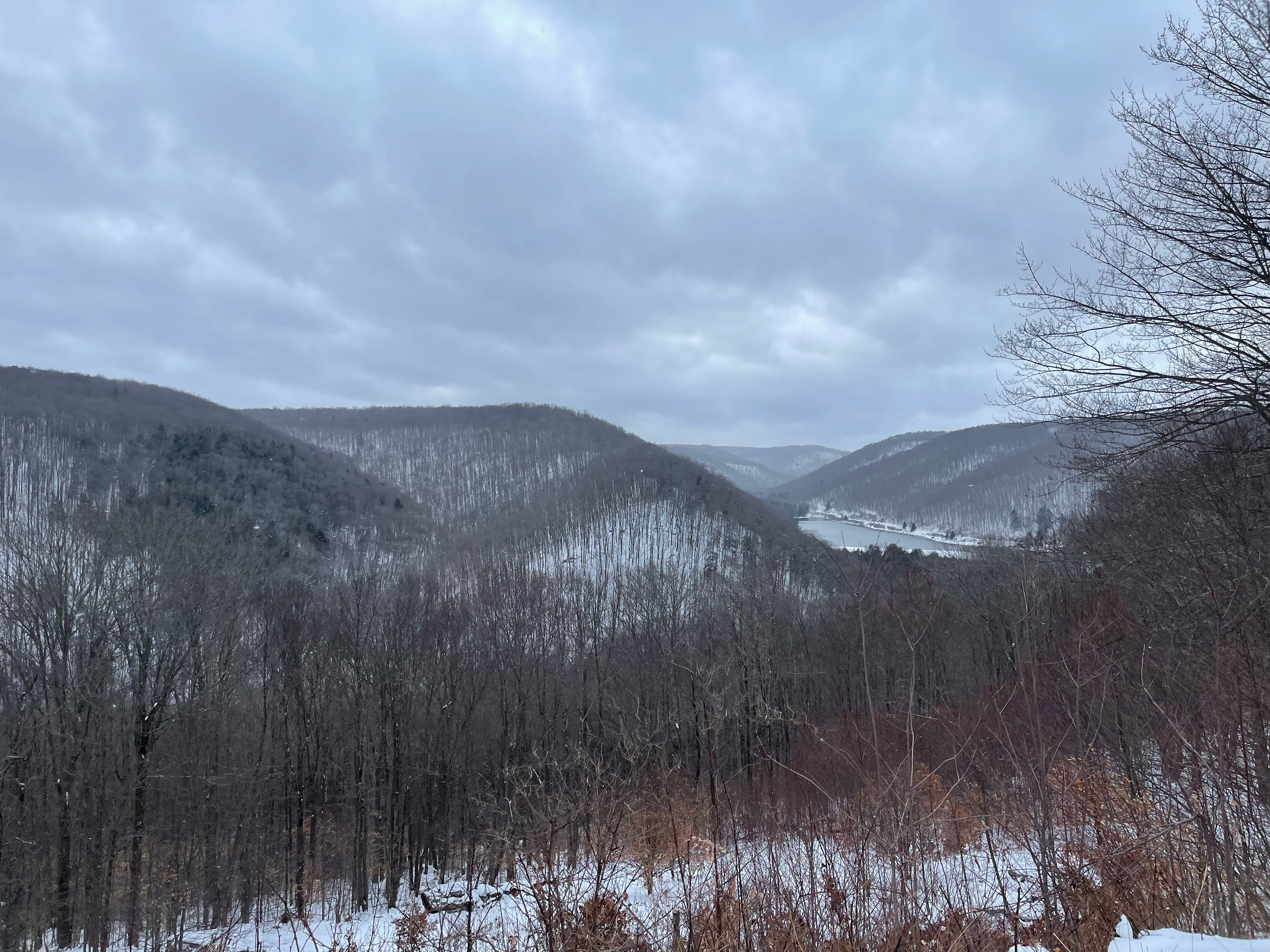 Vista of PA ridge in winter with snow and bare trees