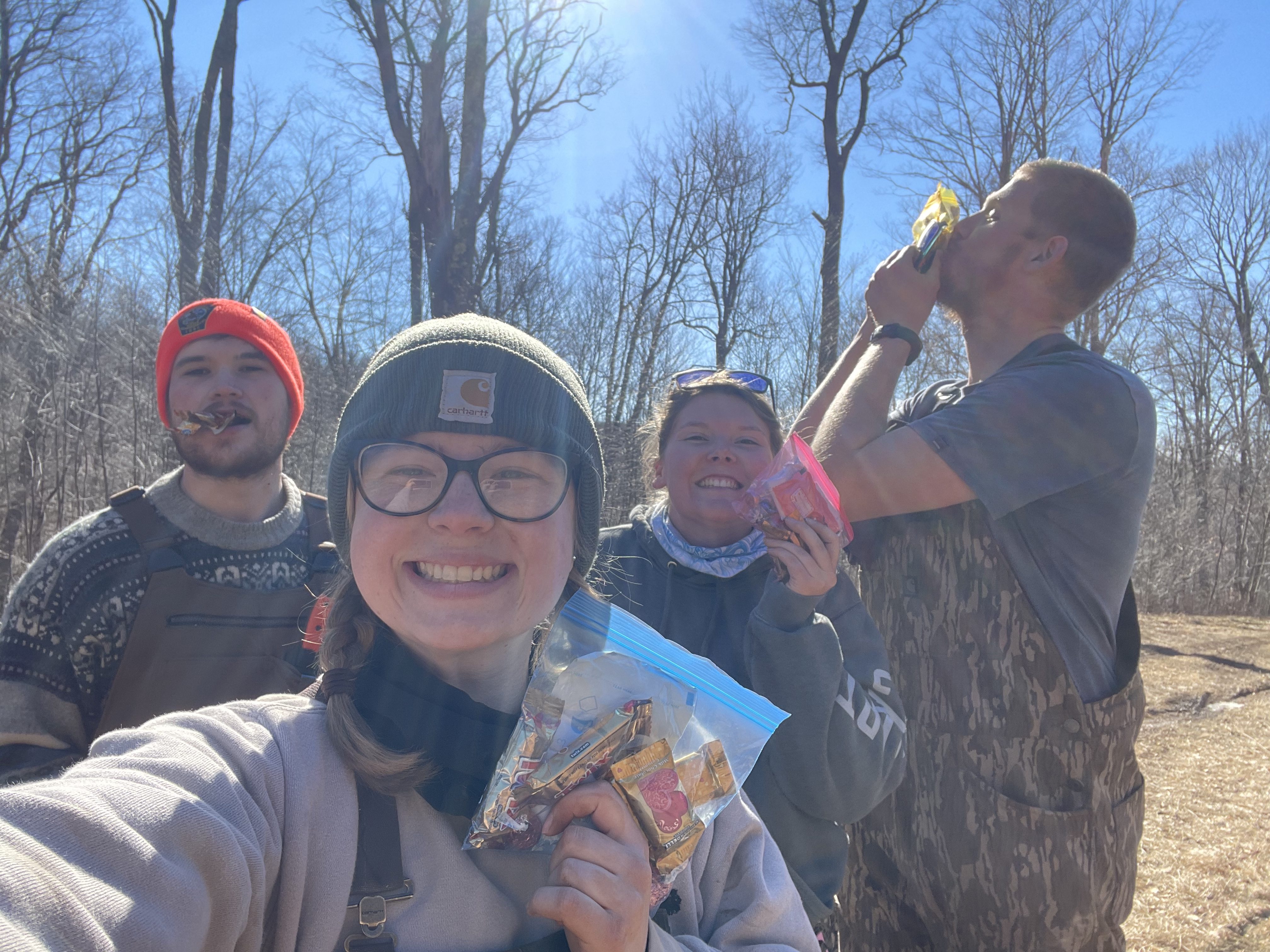 Selfie of crew with Valentines Day treats