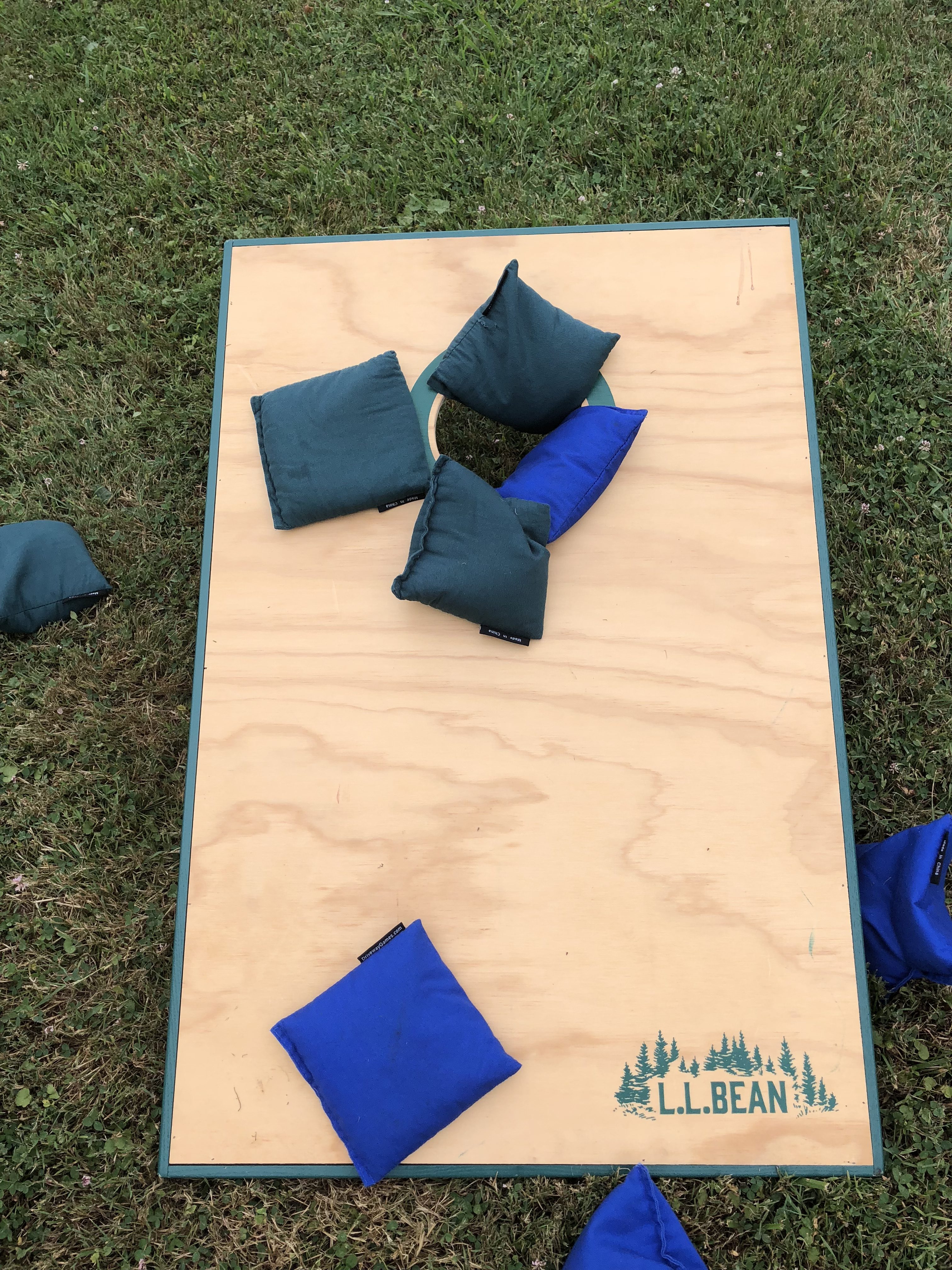 Corn hole board with 2 bags surrounding hole