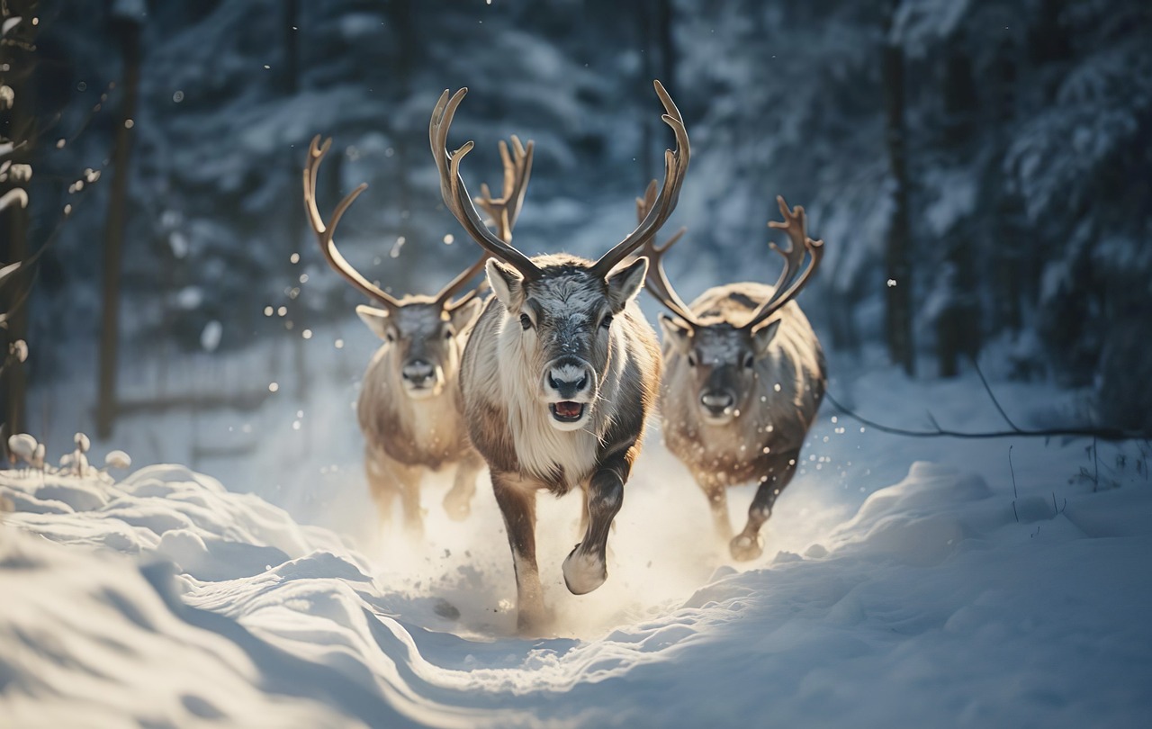 3 AI generated reindeer running toward camera on a snow covered trail